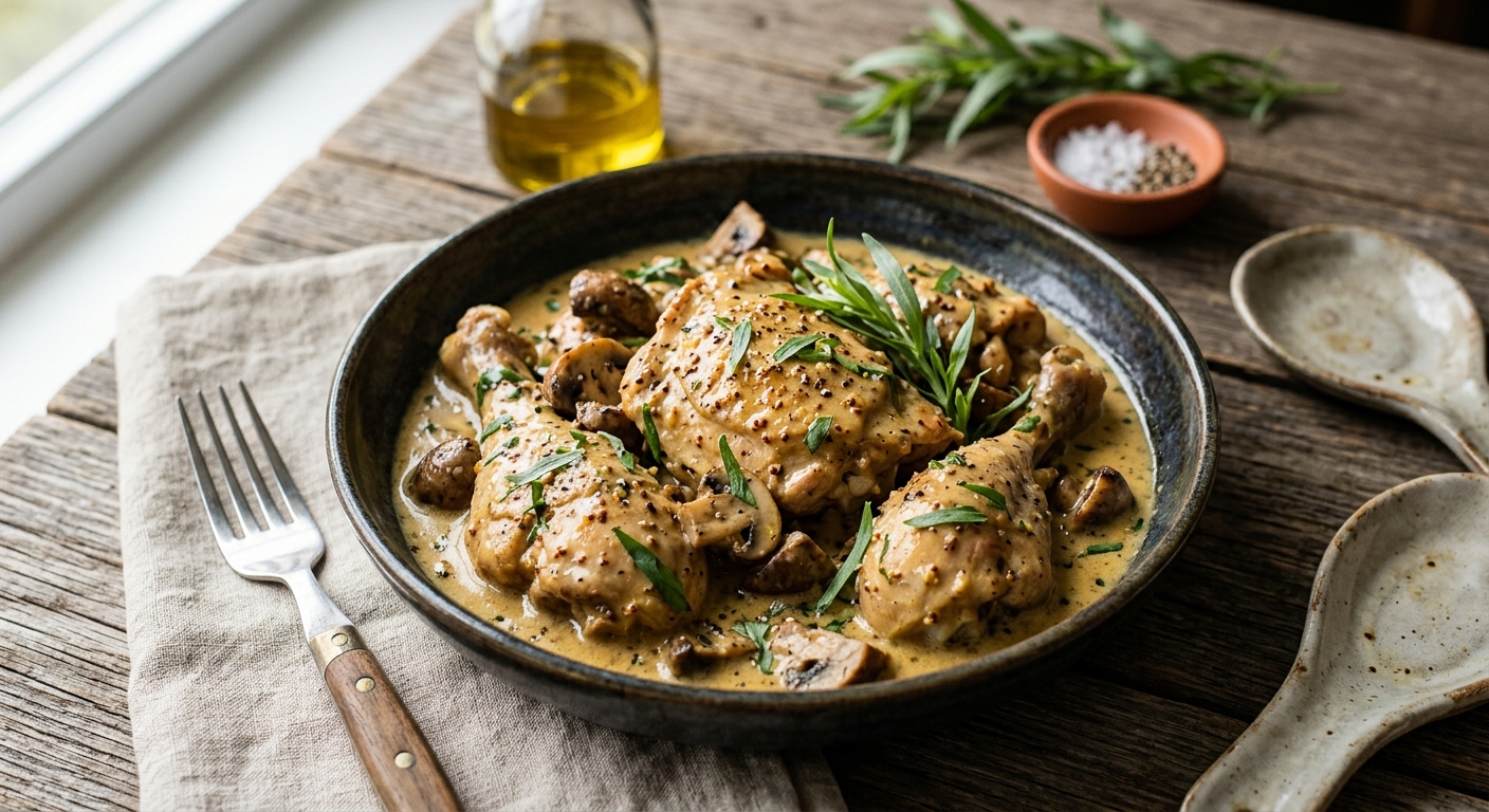 Poulet à la moutarde, à l'estragon et aux champignons