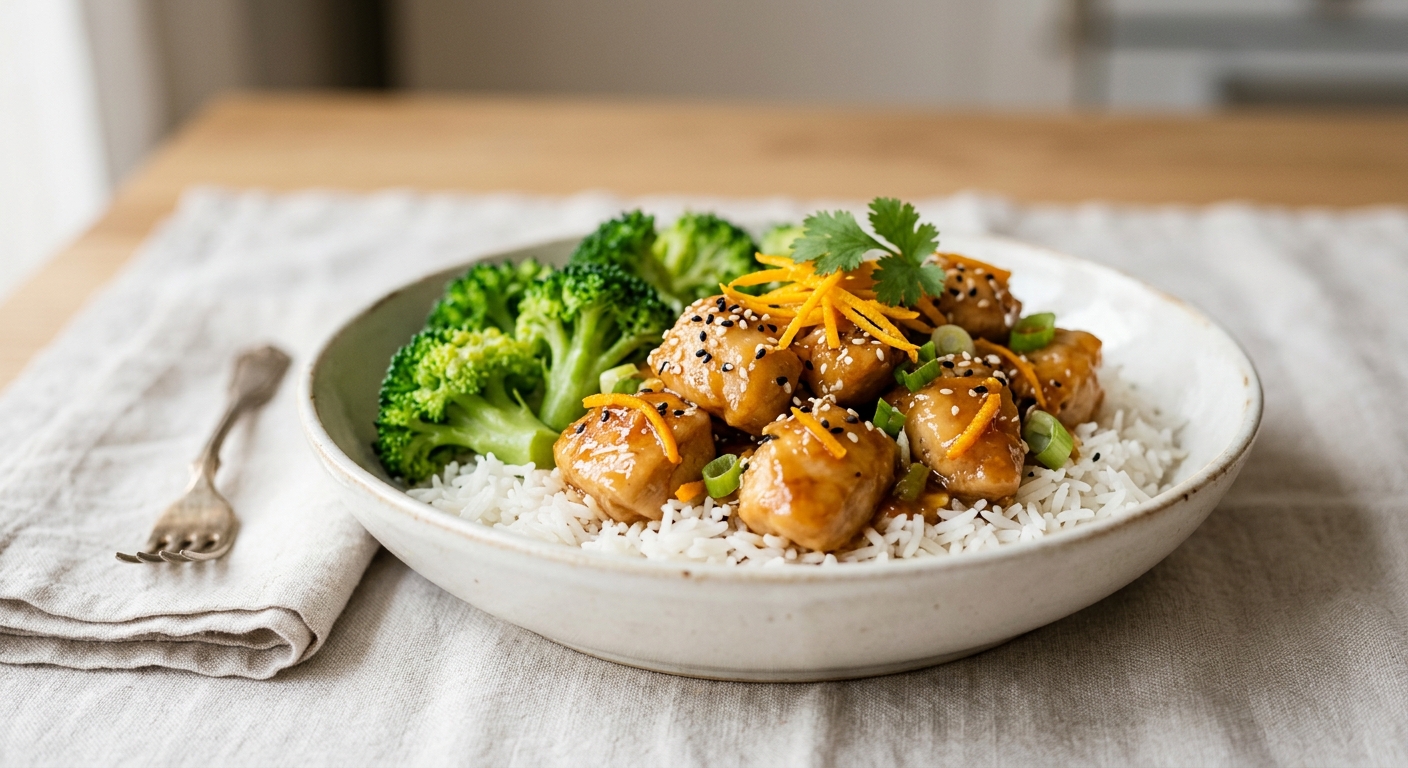Poulet à l'orange, brocoli & riz