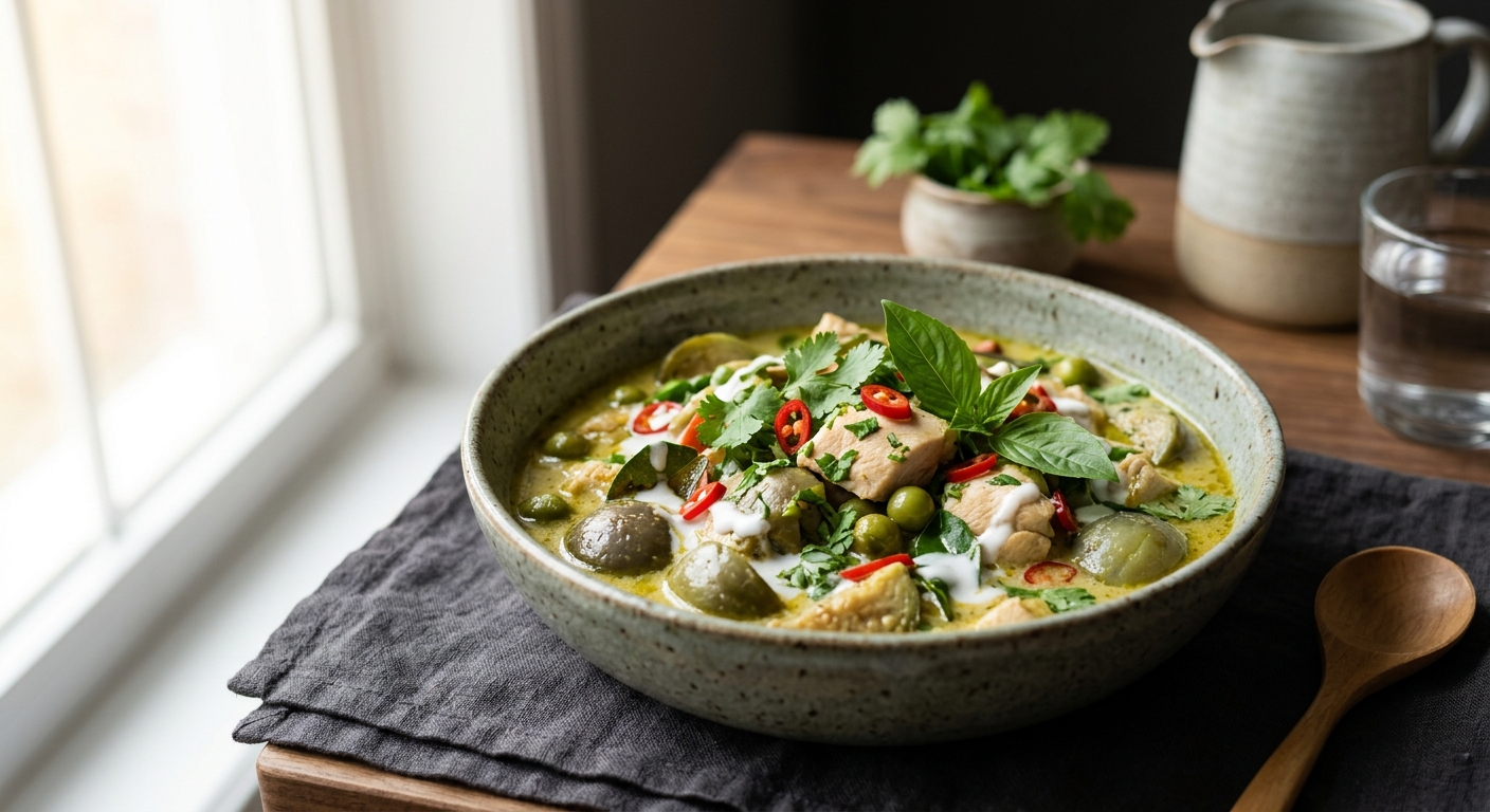 Poulet au curry vert thaï et aubergines