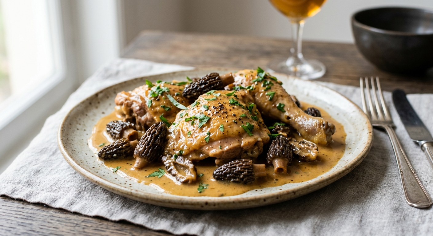 Poulet au vin jaune et aux morilles