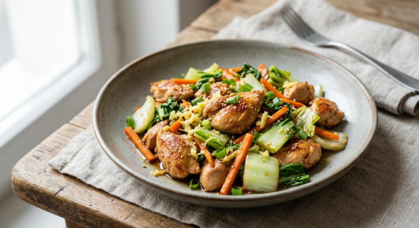Poulet sauté au chou chinois, carottes et gingembre