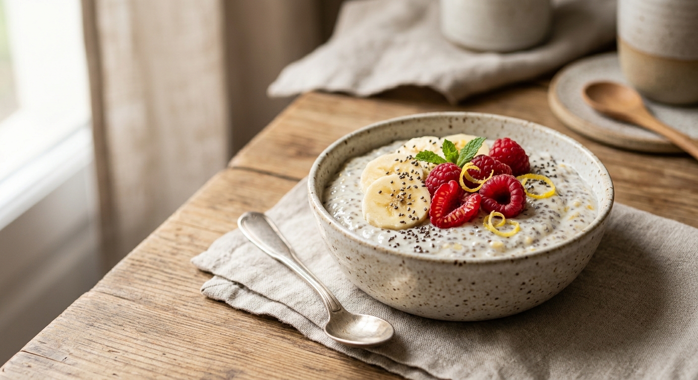 Pudding coco, banane, citron, framboises et graines de chia