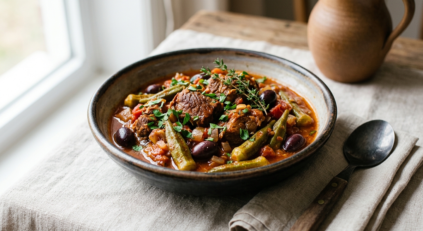 Ragout de mouton aux bamias et ses olives