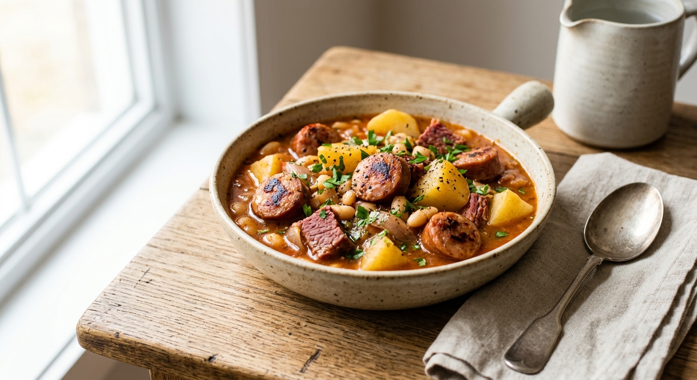 Ragoût de saucisses, pommes de terre et haricots blancs