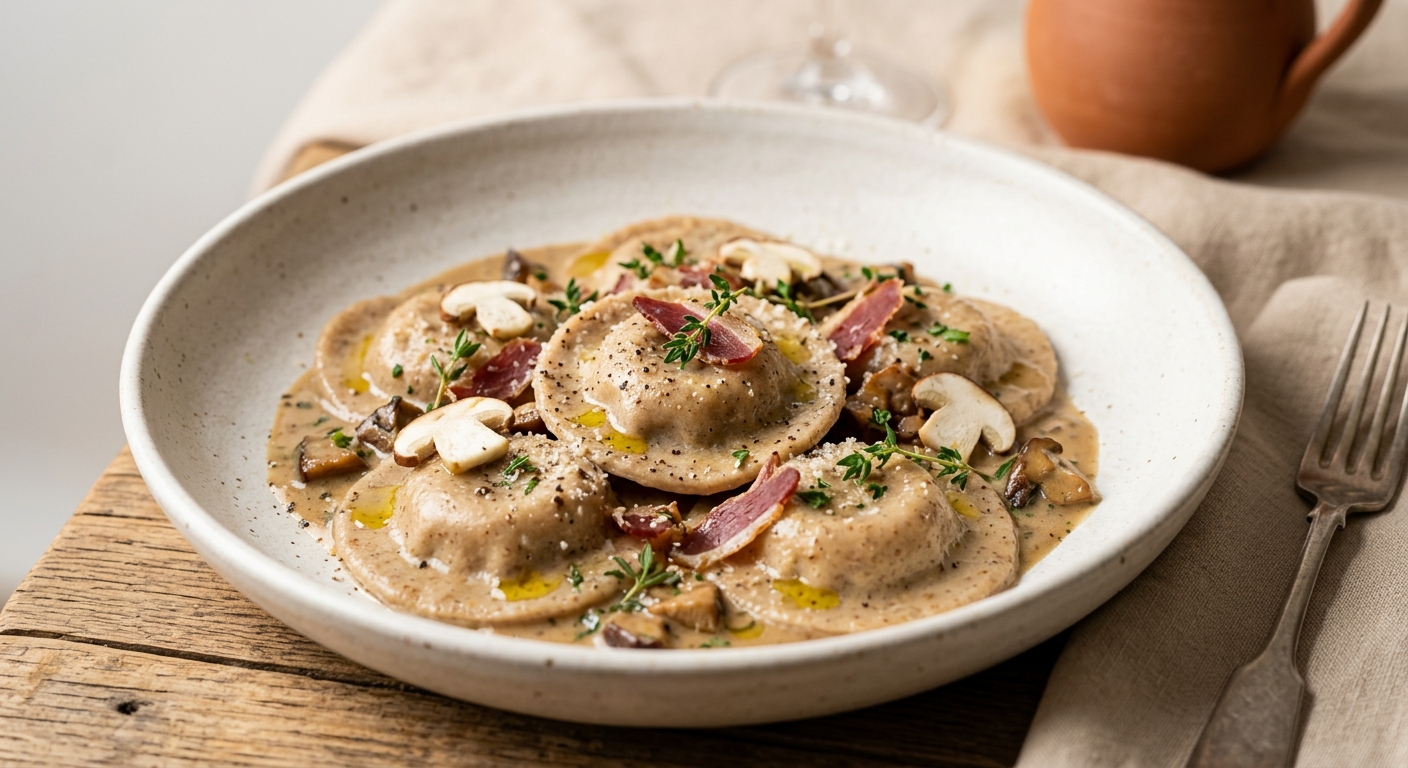 Raviolis de châtaigne aux cèpes et magrets de canard