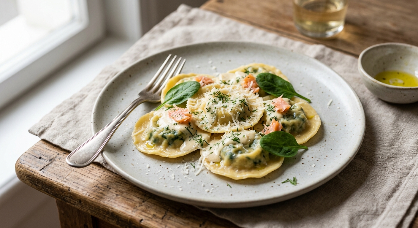 Raviolis ricotta, épinards et saumon fumé