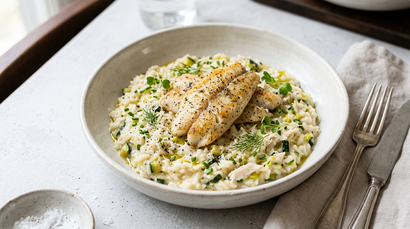Risotto aux filets de merlan, courgettes et poireau