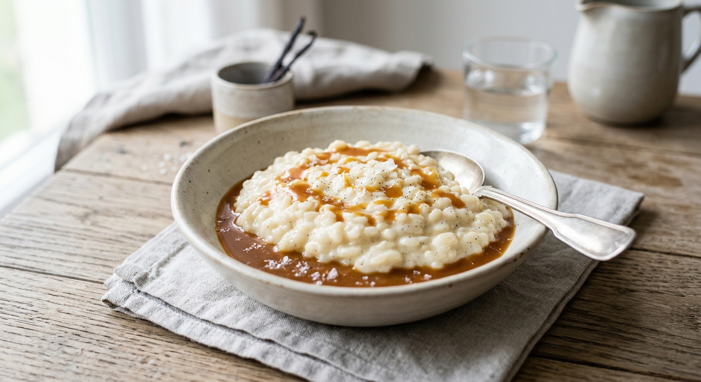 Riz au lait sur lit de caramel à la fleur de sel