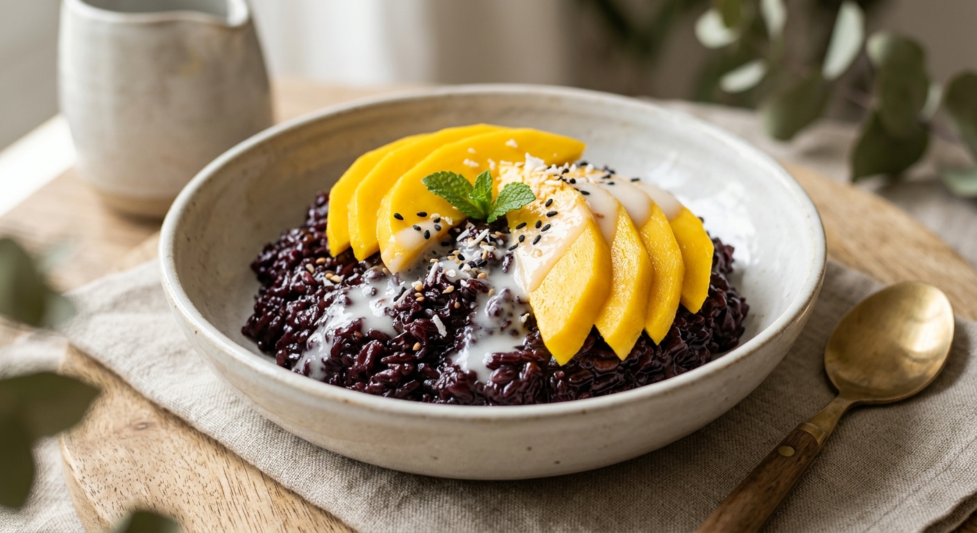 Riz gluant noir au lait de coco et à la mangue