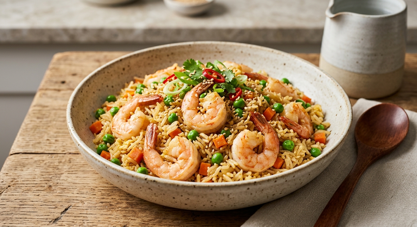 Riz sauté petits pois carottes crevettes à l'asiatique