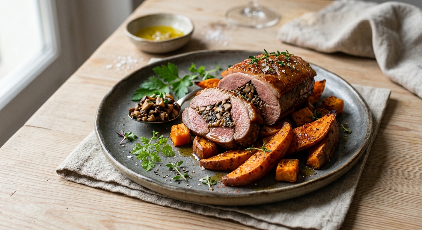 Rôti de magret farci aux champignons et patates douces