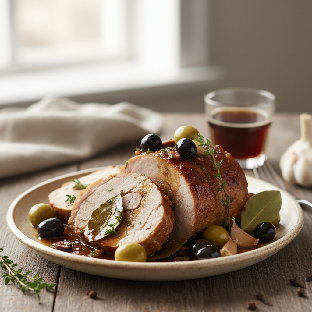 Rôti de porc aux olives et à la bière