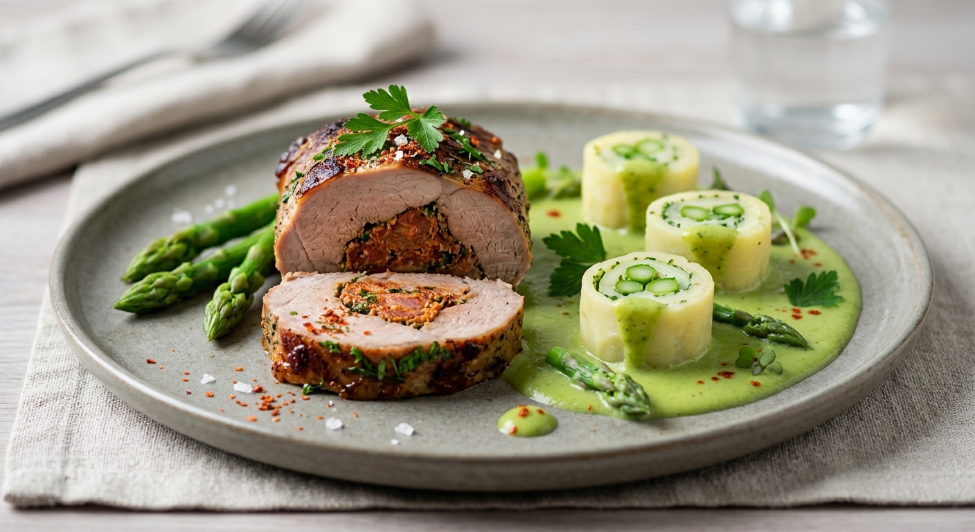 Rôti de veau au chorizo et makis de pommes de terre au velouté d'asperges vertes
