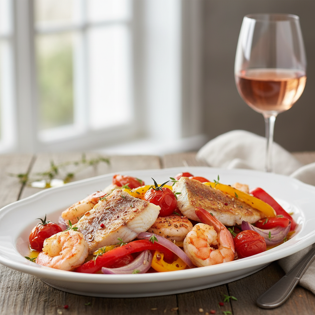 Rouget et crevettes à la poêle