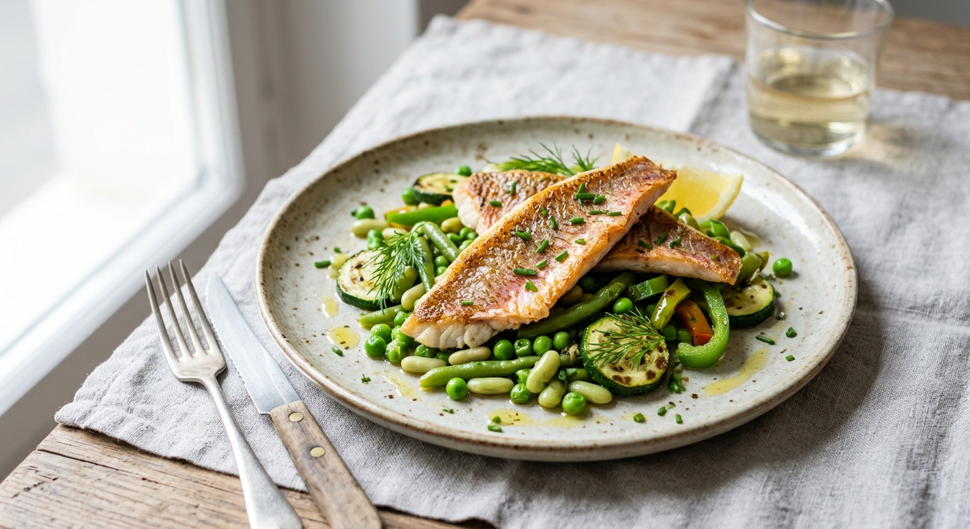 Rougets aux légumes verts sautés
