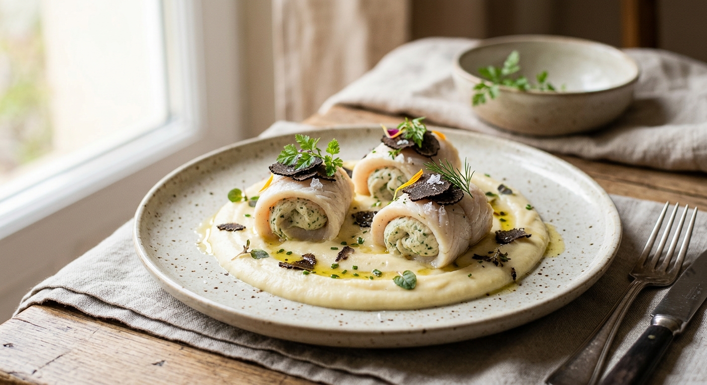 Roulés de soles, purée de céleri et huile de truffes