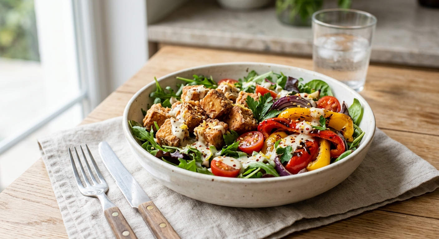Salade au tofu croustillant et poivrons grillés