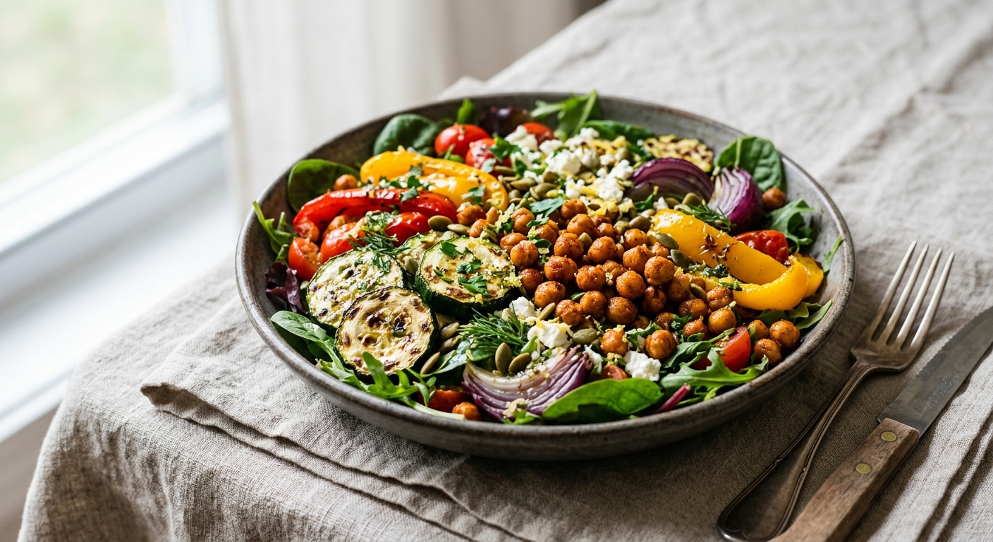 Salade aux légumes grillés et pois chiches rôtis spécial microbiote