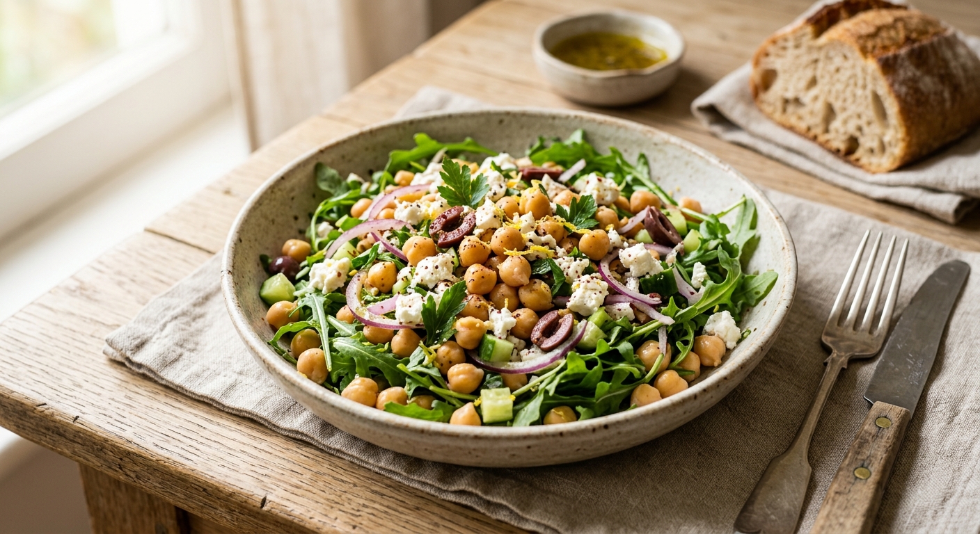 Salade aux pois chiches, fêta, roquette et olives noires