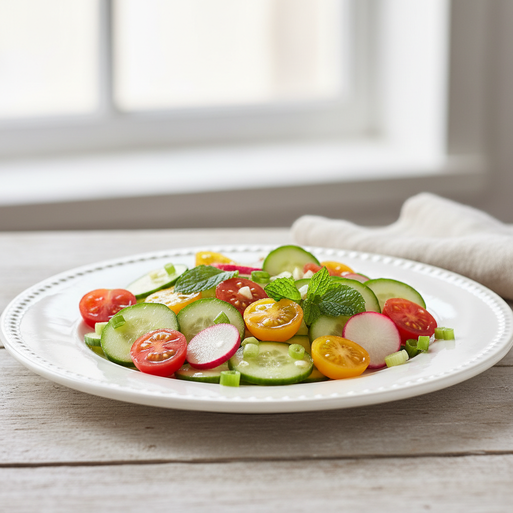 Salade concombre, tomates, oignons, radis