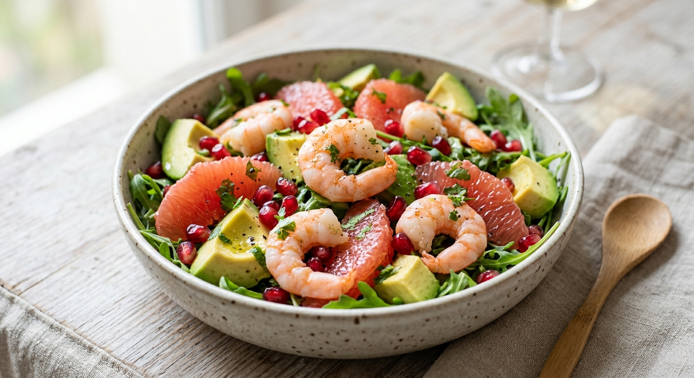 Salade d'avocats Hass du Pérou, pamplemousses roses, grenades et crevettes