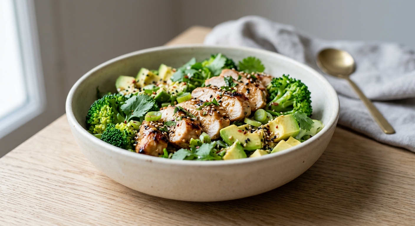Salade de brocoli, avocat, cébettes et poulet sauce soja citron sésame