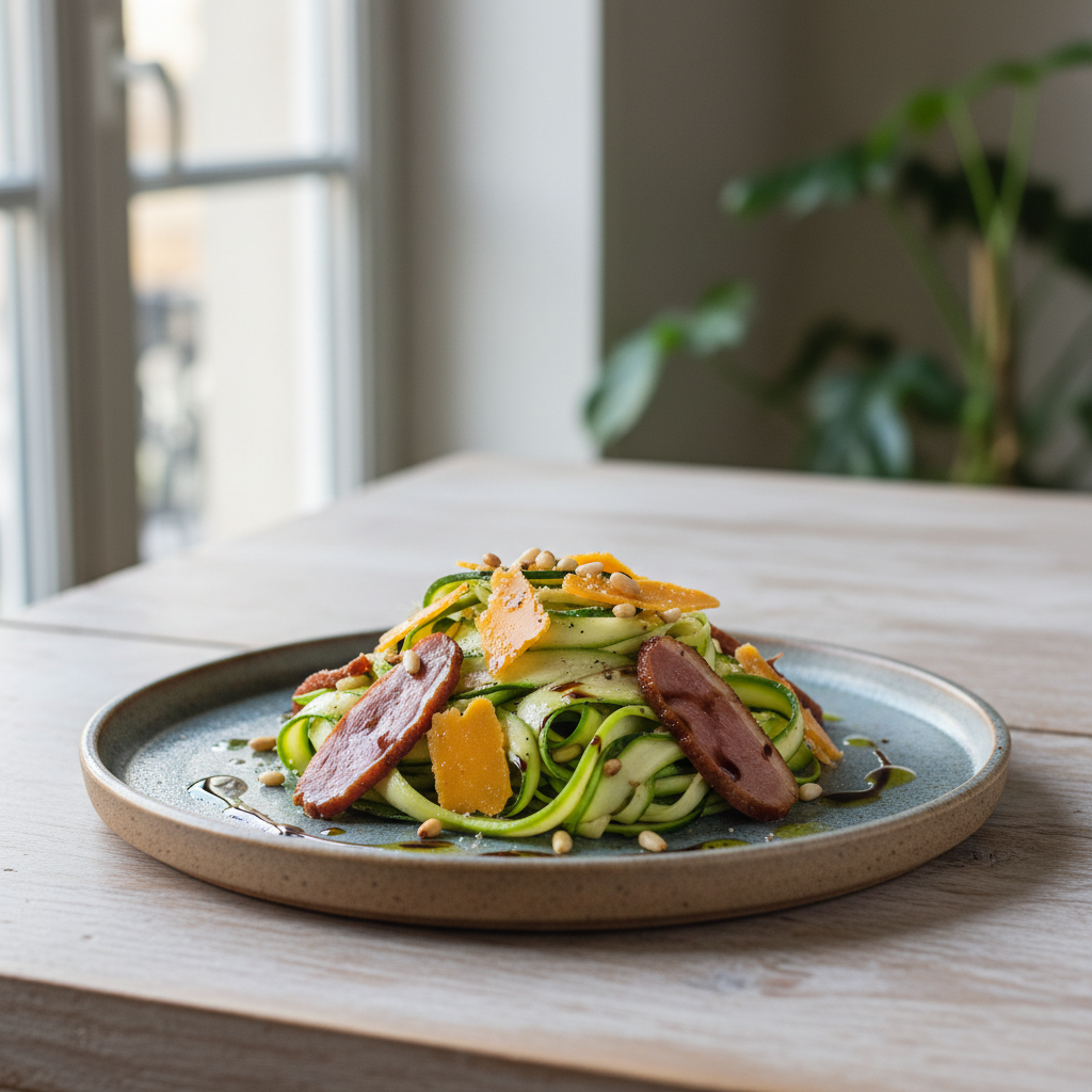 Salade de courgettes à la mimolette et au magret fumé