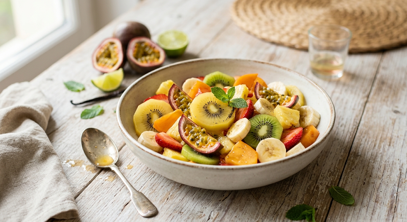Salade de fruits exotiques : kiwi, kakis, ananas et fruits de la passion