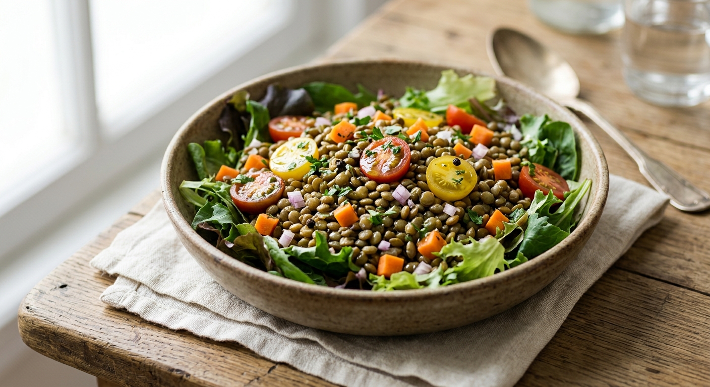 Salade de lentilles aux tomates, carotte et mesclun