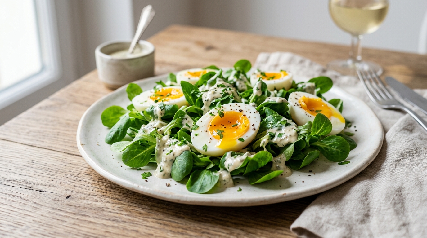 Salade de mâche aux oeufs, sauce roquefort