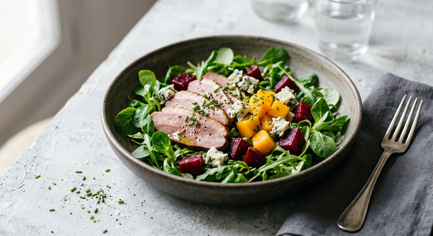 Salade de mâche, roquette et betterave au magret de canard fumé, mangue et roquefort