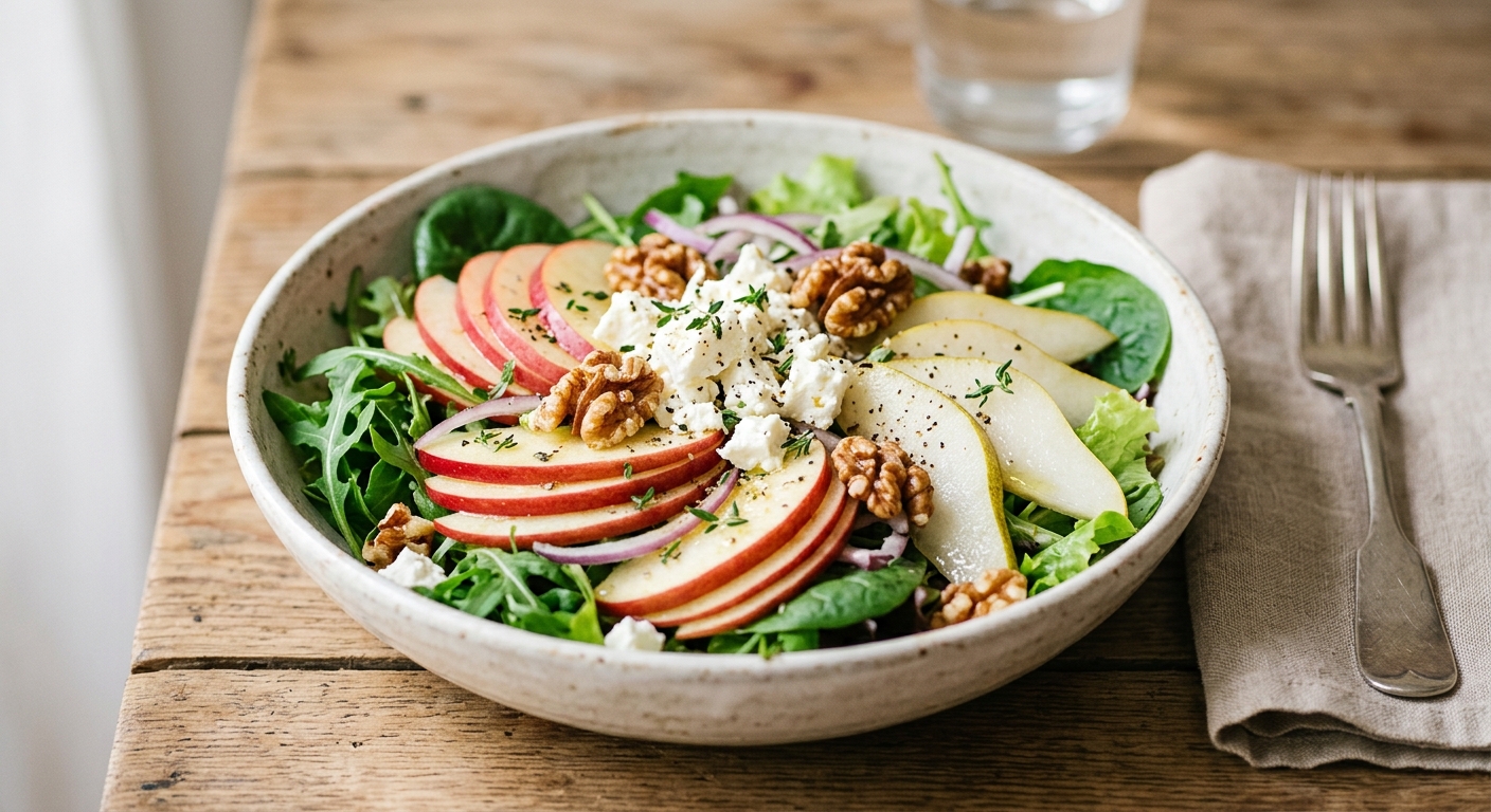 Salade de mesclun aux pommes, poires, fêta et noix du périgord aop