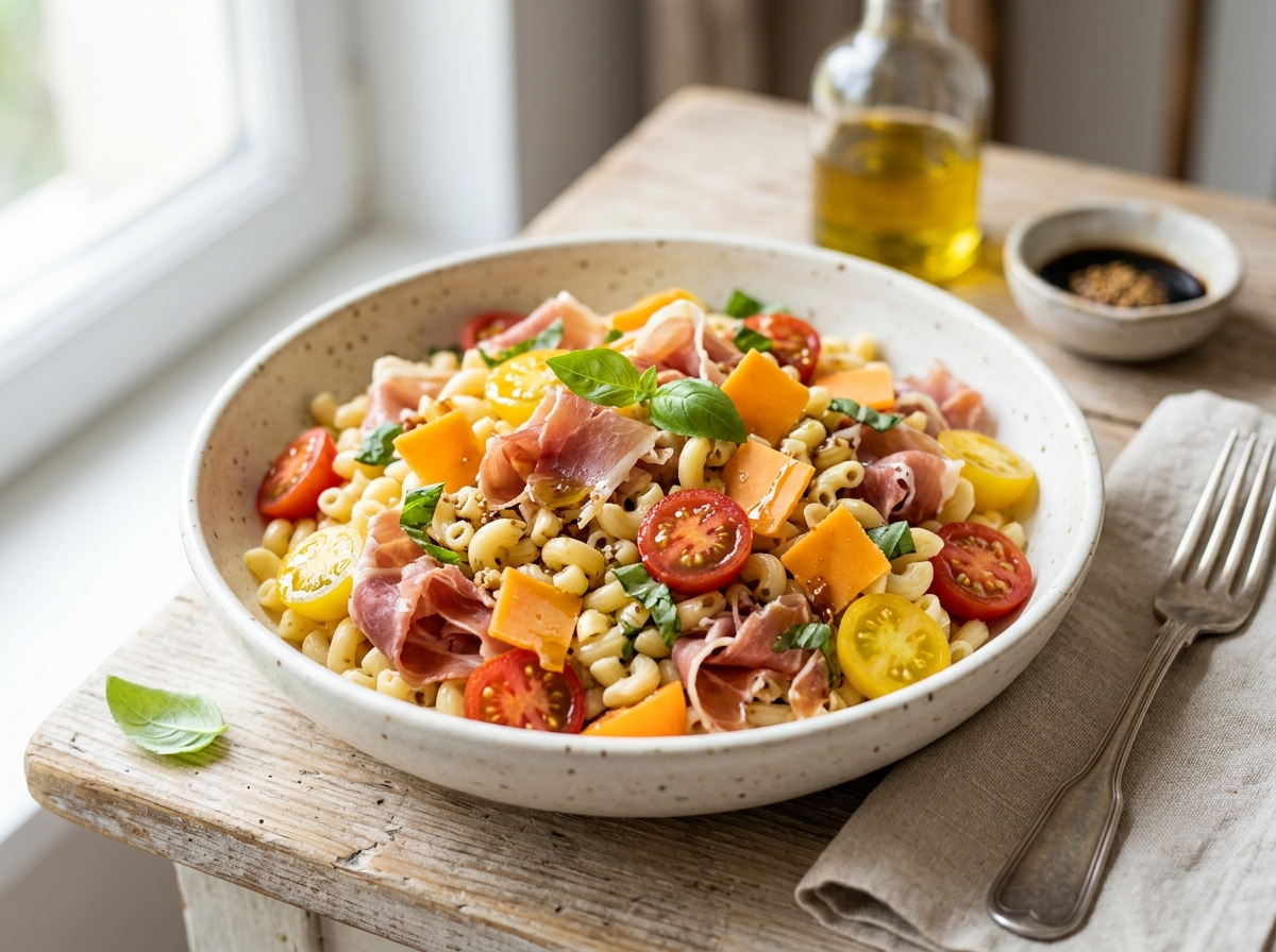 Salade de pâtes, jambon cru/mimolette