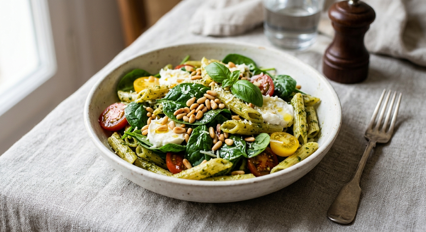 Salade de pennes aux pignons de pin, épinards et pesto