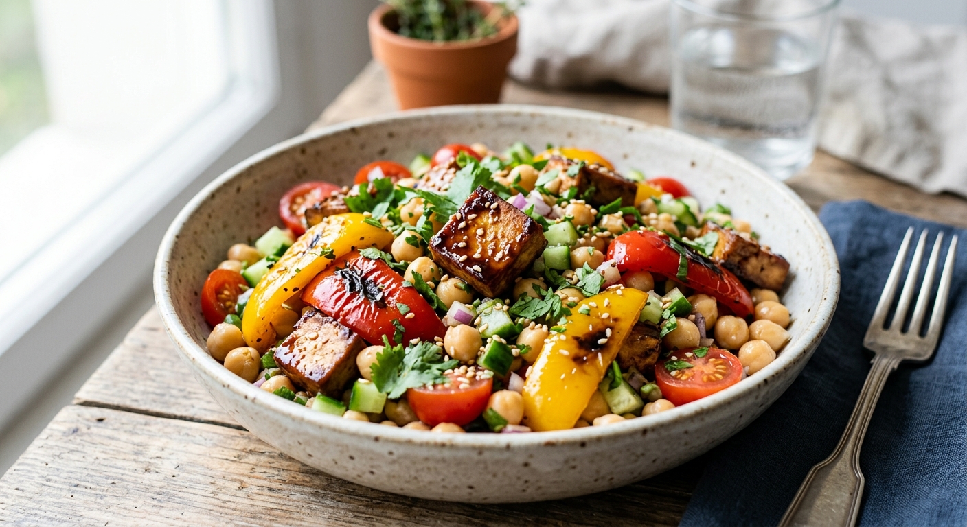 Salade de pois chiches, poivrons grillés, tomate et tofu fumé laqué