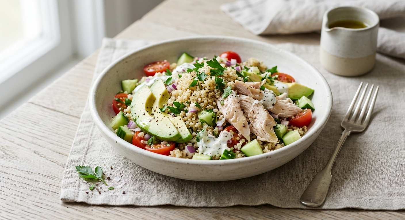 Salade de quinoa au poulet, concombre et avocat
