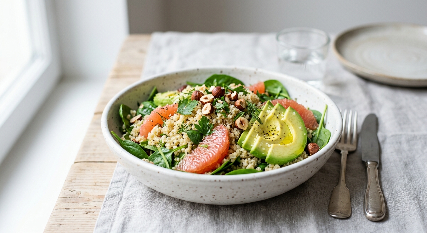 Salade de quinoa, épinard, pamplemousse, avocat