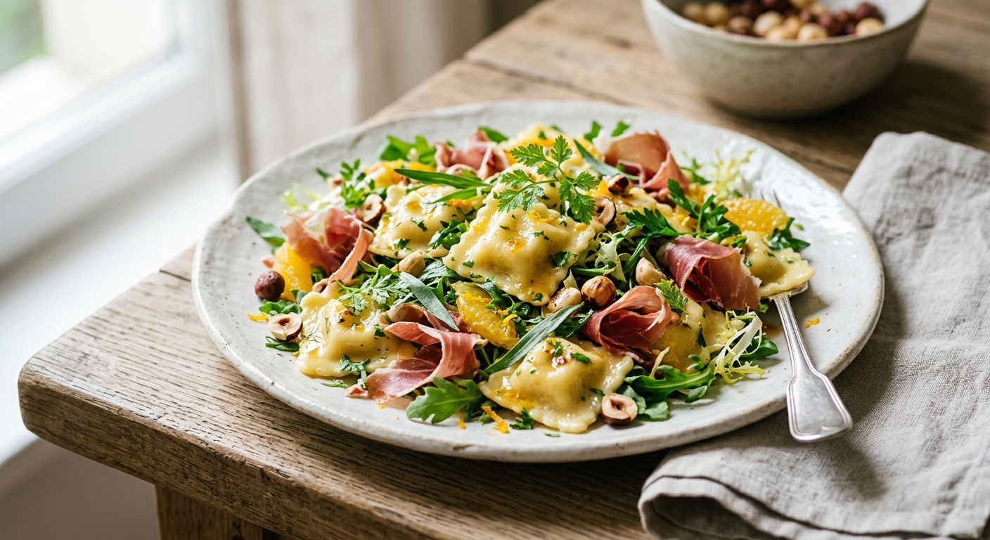 Salade de ravioles Saint Jean aux herbes, jambon cru et vinaigrette orange noisette