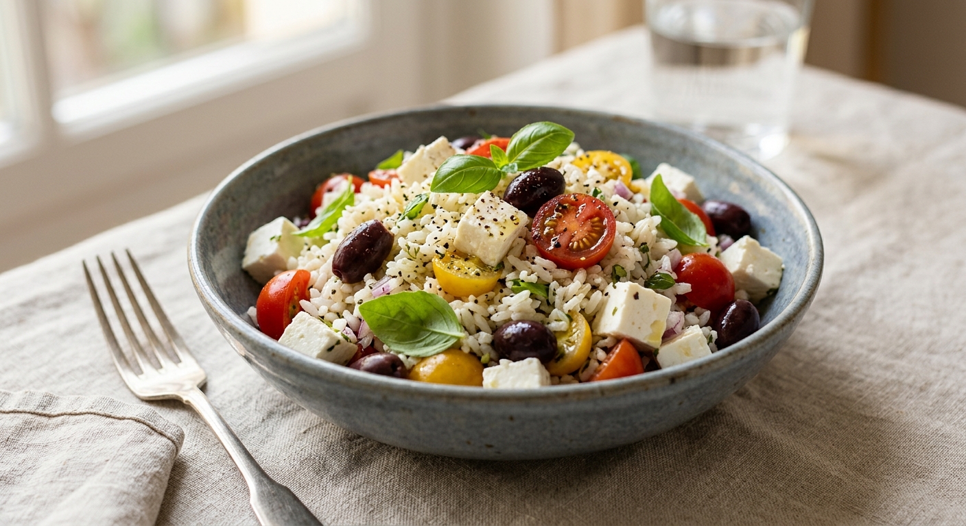 Salade de riz, féta, tomates et olives