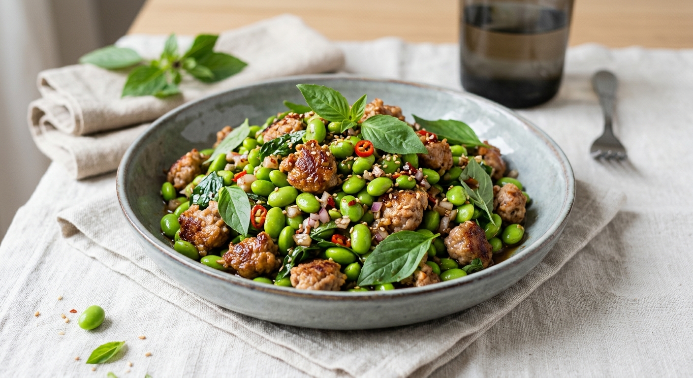 Salade d'edamame, chair à saucisse de Toulouse et basilic thaï par Laurent Mariotte et Michel Sarran