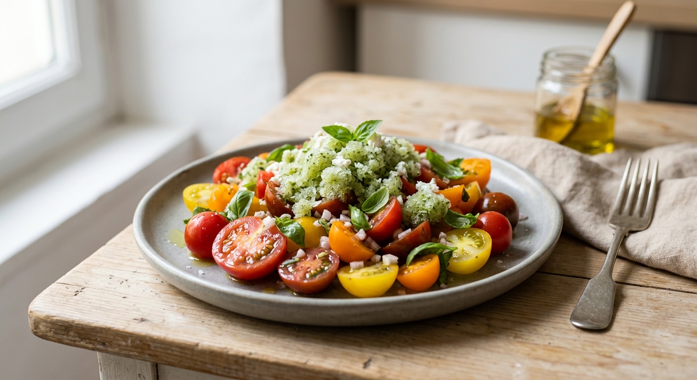 Salade fraicheur tomates et granité chèvre basilic