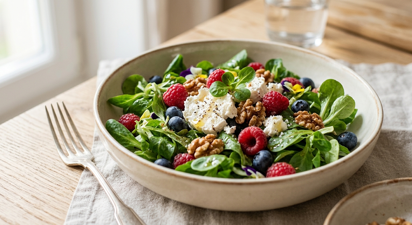 Salade mâche, chèvre frais, noix et fruits rouges