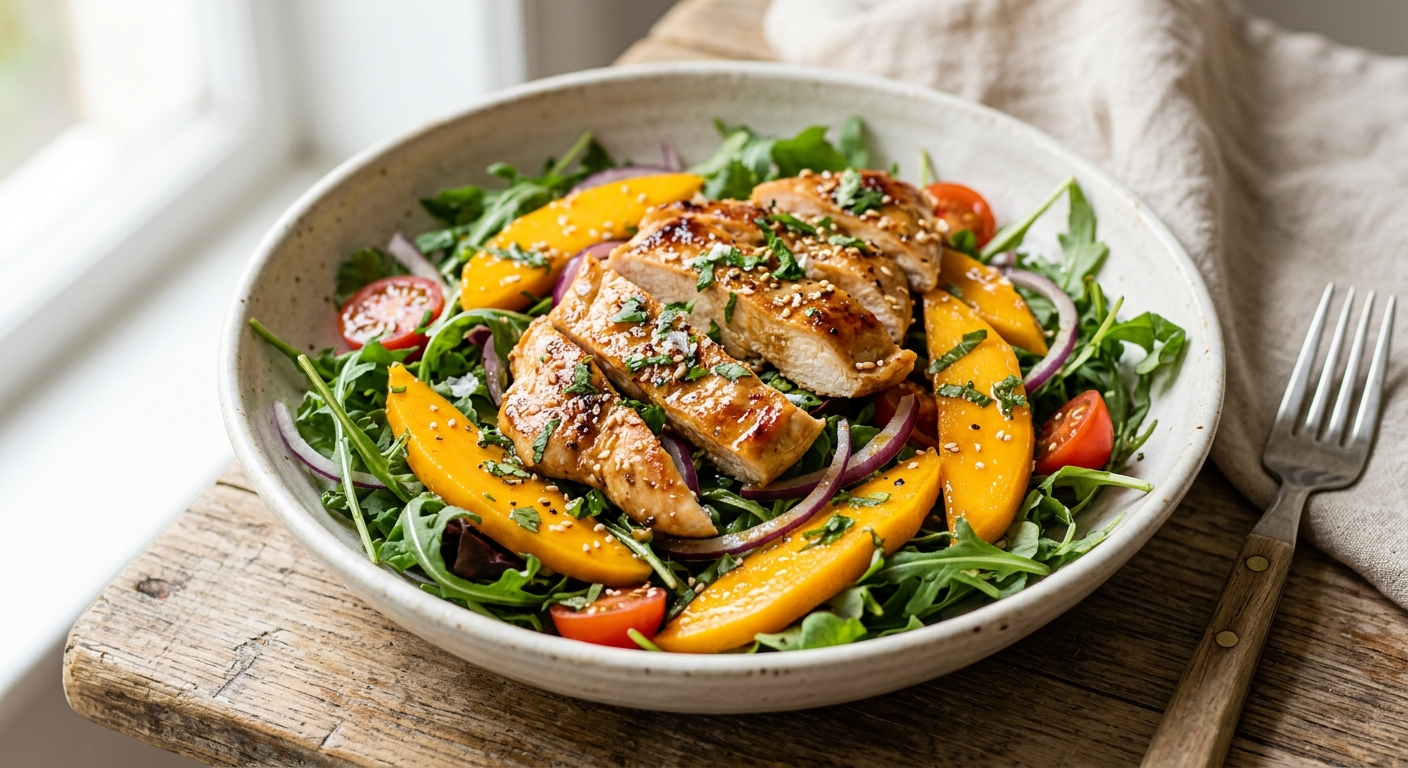 Salade tiède de poulet et mangues marinées