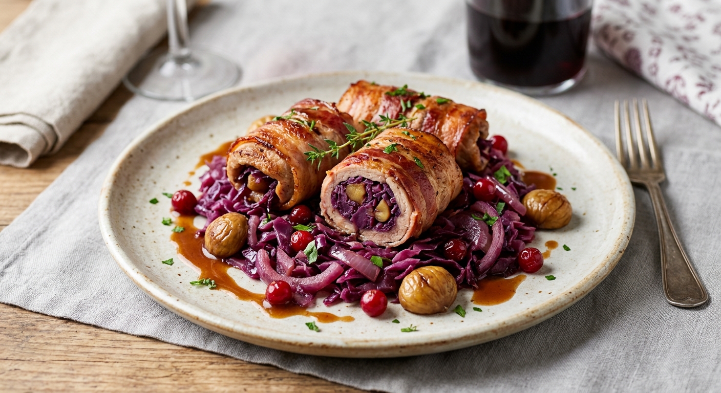 Saltimbocca de veau au chou rouge, marrons et airelles
