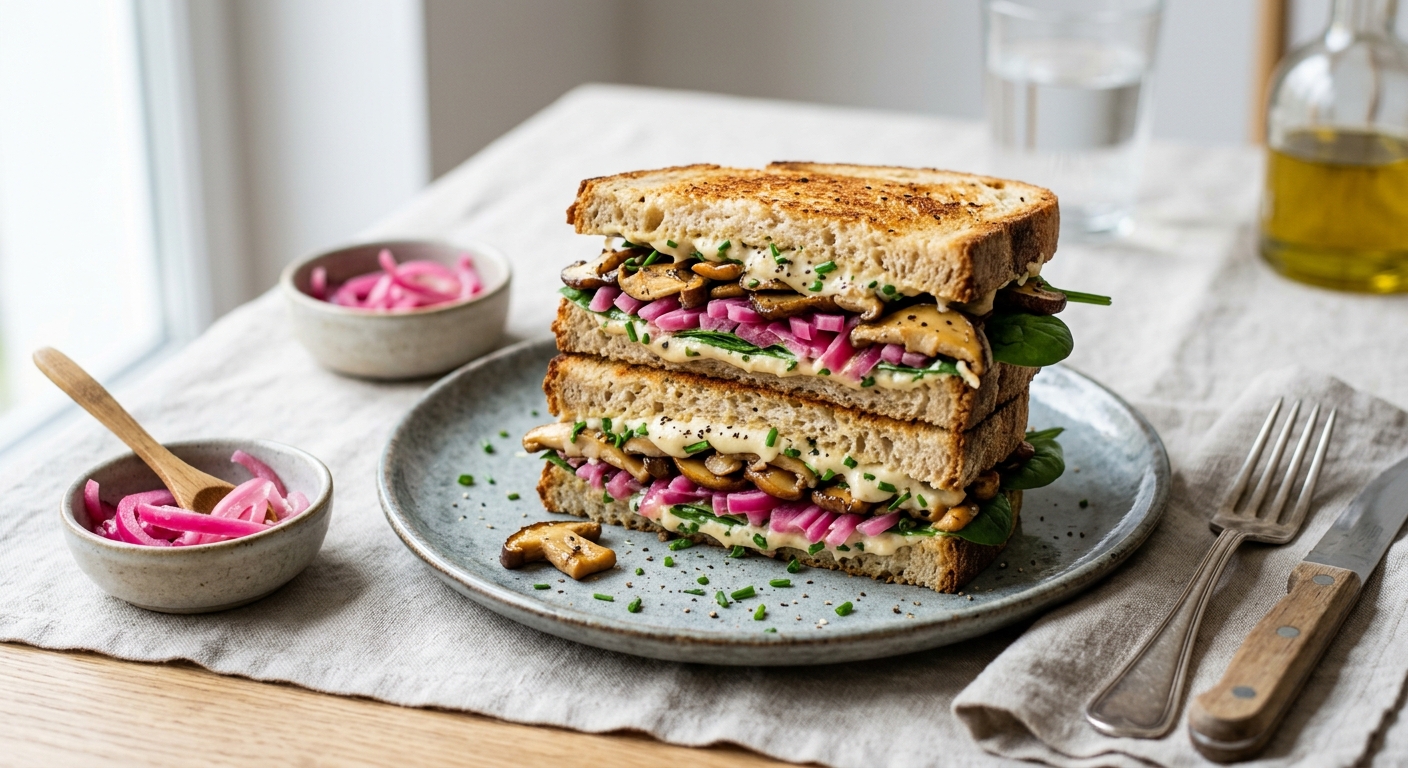 Sandwich au fromage végétal, champignons et pickles d’oignons rouges