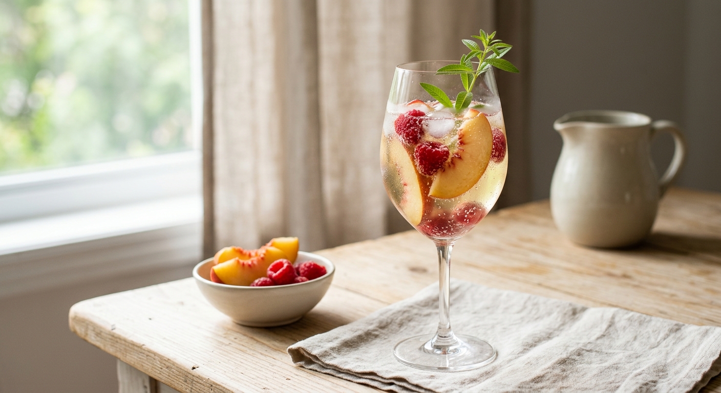 Sangria blanche et pétillante aux pêches et framboises