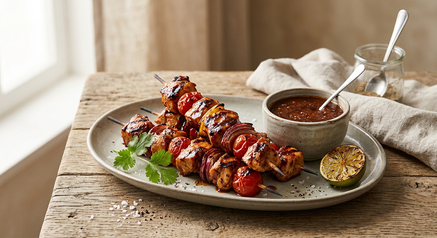 Sauce barbecue, brochettes de poulet