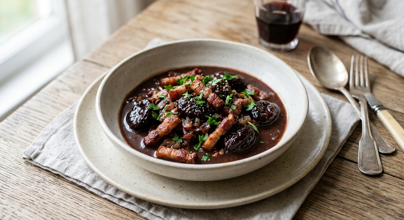 Sauce lardons, pruneaux et vin rouge maison