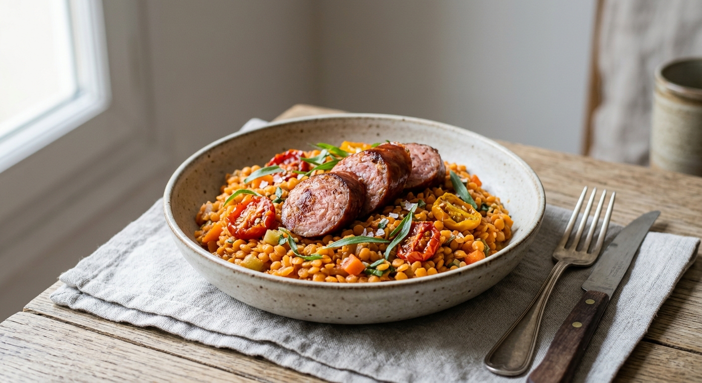 Saucisse de Morteau, lentilles corail et tomates confites