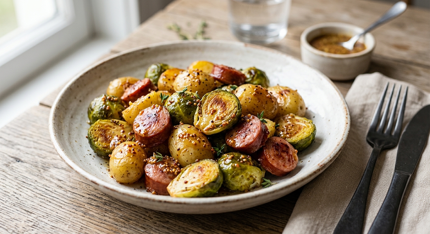 Saucisse fumée & choux de Bruxelles rôtis